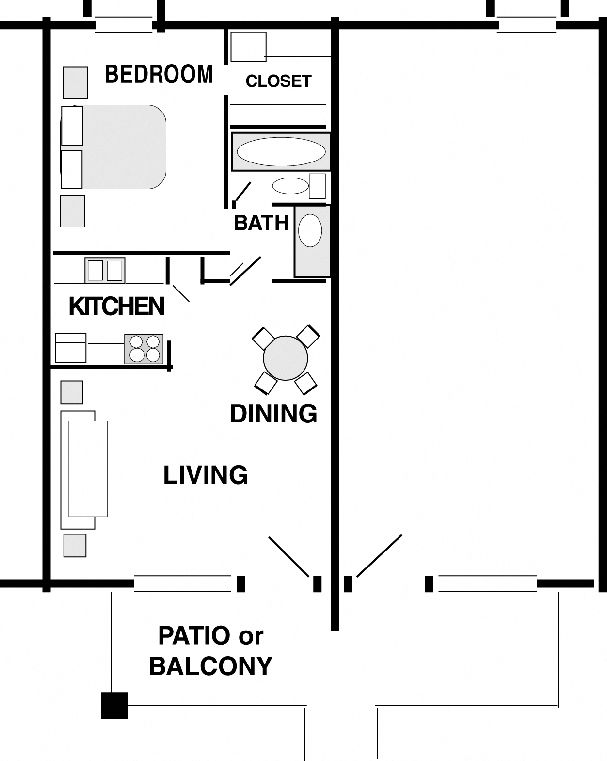Floor plan for 1 bed, 1 bath, 625 sqft